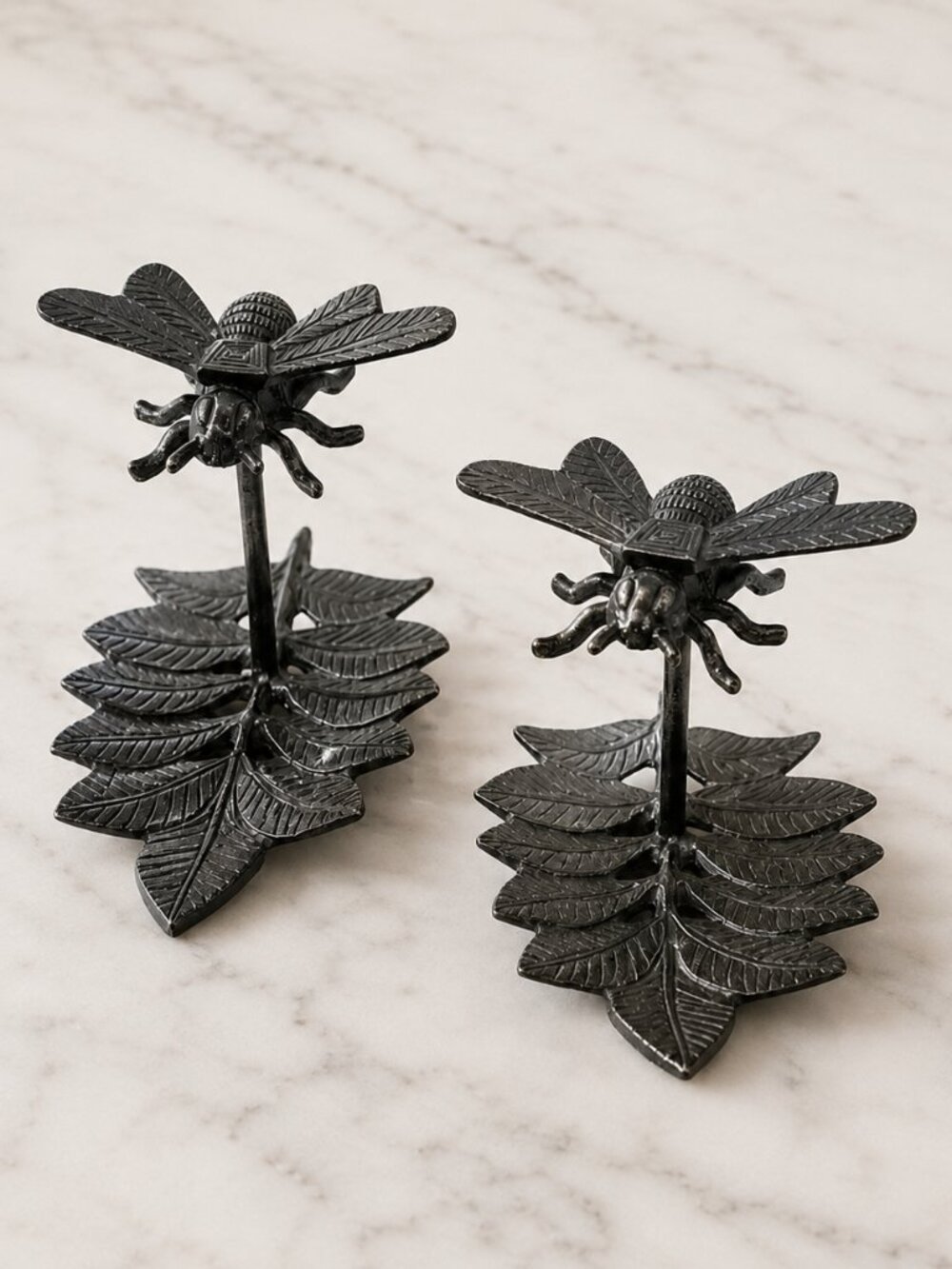 VTG Cast Iron Dragonfly Wall Hooks (2) Leaf Wall Decor Rustic Black Metal India